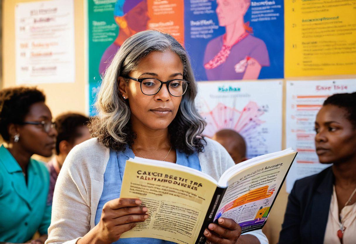 A determined individual reading a book titled 'Cancer Health Tips' surrounded by colorful, informative charts and diagrams about cancer advocacy. Light rays illuminate their face, symbolizing hope and empowerment. In the background, a community of diverse people discussing health tips, fostering a supportive environment. vibrant colors. super-realistic.