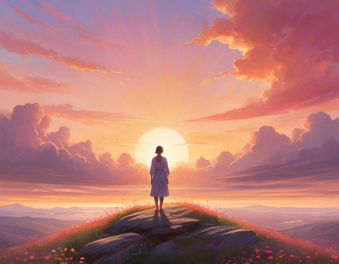 A serene landscape depicting a cancer survivor standing triumphantly on a hilltop, overlooking a sunset, symbolizing hope and resilience. Surround the figure with blooming flowers representing stories of empowerment, and incorporate soft, glowing light to convey warmth and support. In the background, include faint silhouettes of diverse individuals sharing their stories, highlighting community and connection. painterly style, warm colors, ethereal light.