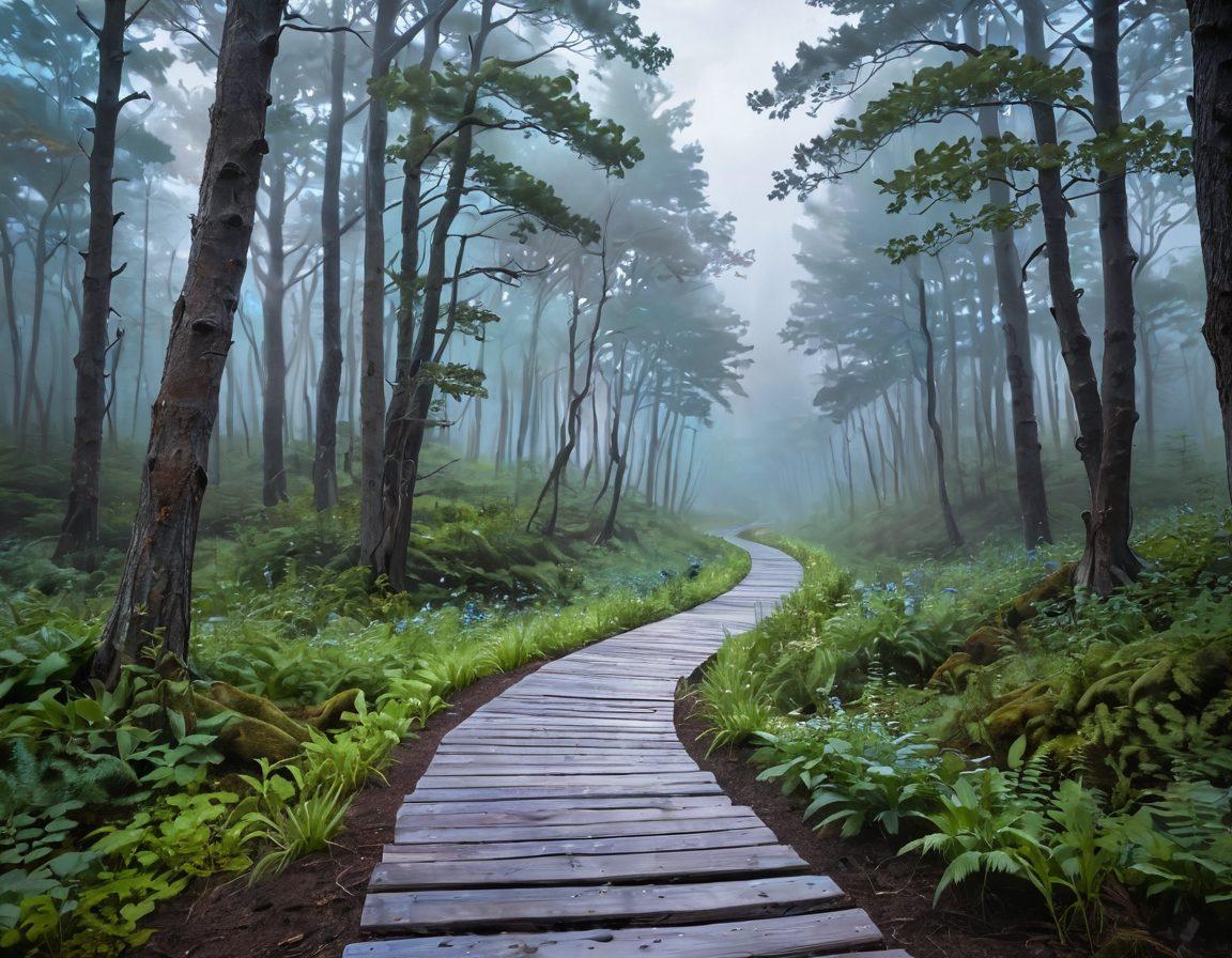 A serene landscape illustrating the journey of cancer survivors, featuring a winding path leading through a vibrant forest, symbolizing healing and hope. Include diverse individuals helping each other along the way, engaged in holistic therapies like yoga and meditation, with innovative treatment imagery like lab equipment subtly integrated. The sky transitions from a stormy gray to a calming blue, representing transition from diagnosis to recovery. soft-focus. vibrant colors. painting.